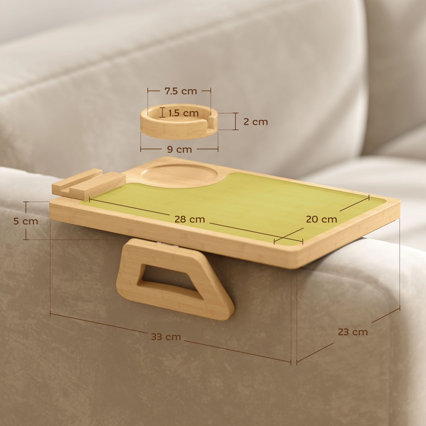 Anti-Slip Sofa Armrest Tray, Bamboo Sofa Arm Tray with 360° Phone Holder and Removable Cup Holder, Natural