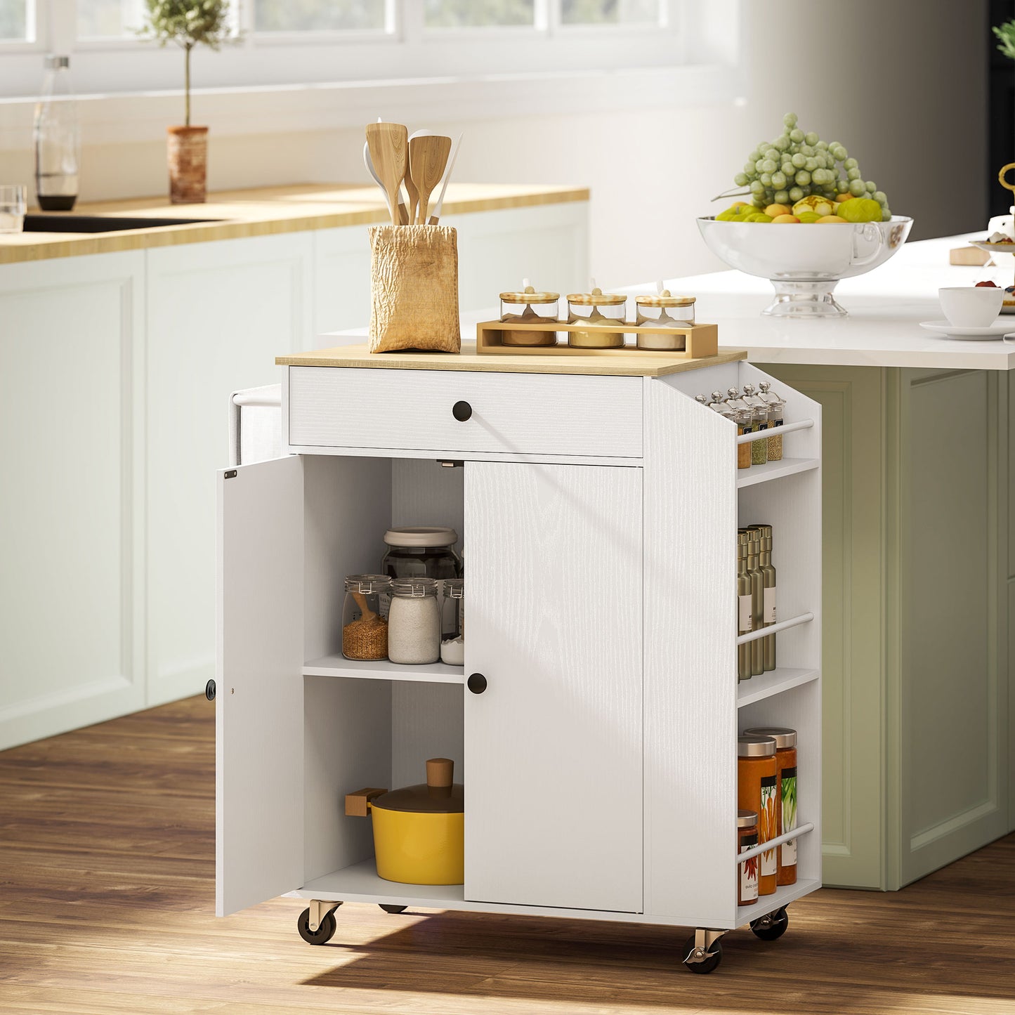 Rolling Kitchen Island with 3-Tier Spice Rack, Kitchen Storage Cart with Drawer and Towel Rack, White