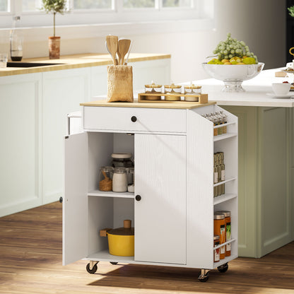 Rolling Kitchen Island with 3-Tier Spice Rack, Kitchen Storage Cart with Drawer and Towel Rack, White