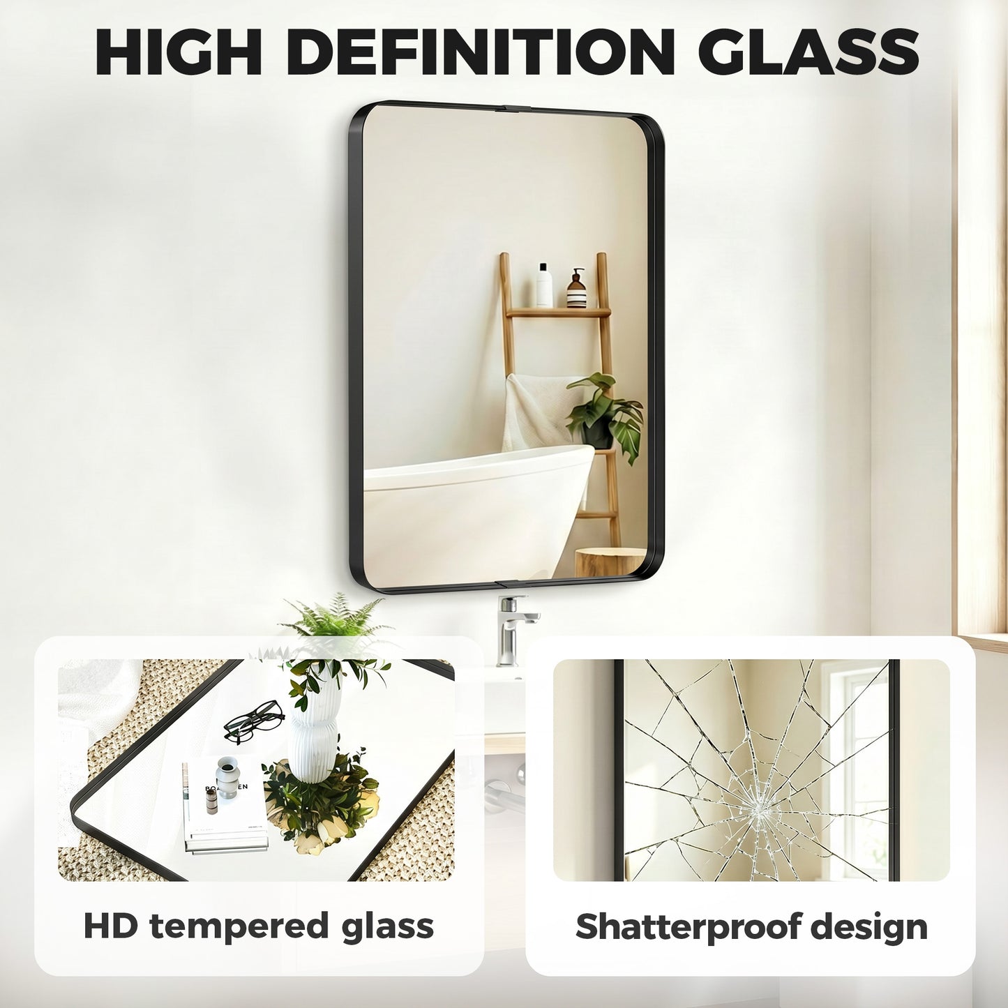 Rectangular Wall Mirror, 90 x 60 cm Wall Mounted Bathroom Mirror with Aluminium Alloy Frame and Tempered Glass, Black