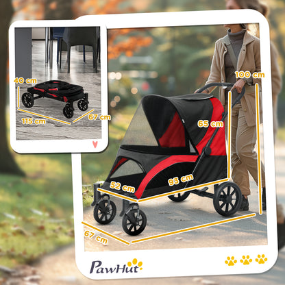 Foldable Pet Stroller for Large Dogs with Four Big Wheels, Shock-Absorbing Frame, Safety Leashes, Brakes, Red/Black