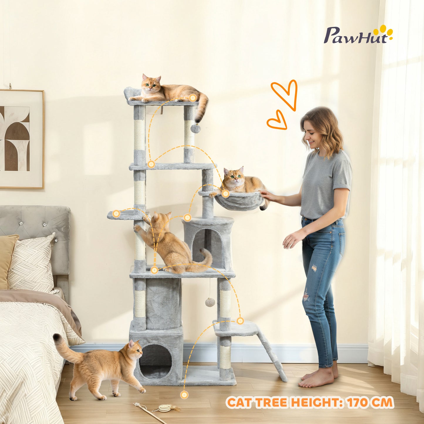 170 cm Large Cat Tree, Cat Tower with 7 Scratching Posts, 2 Condos, Hammock, Light Grey