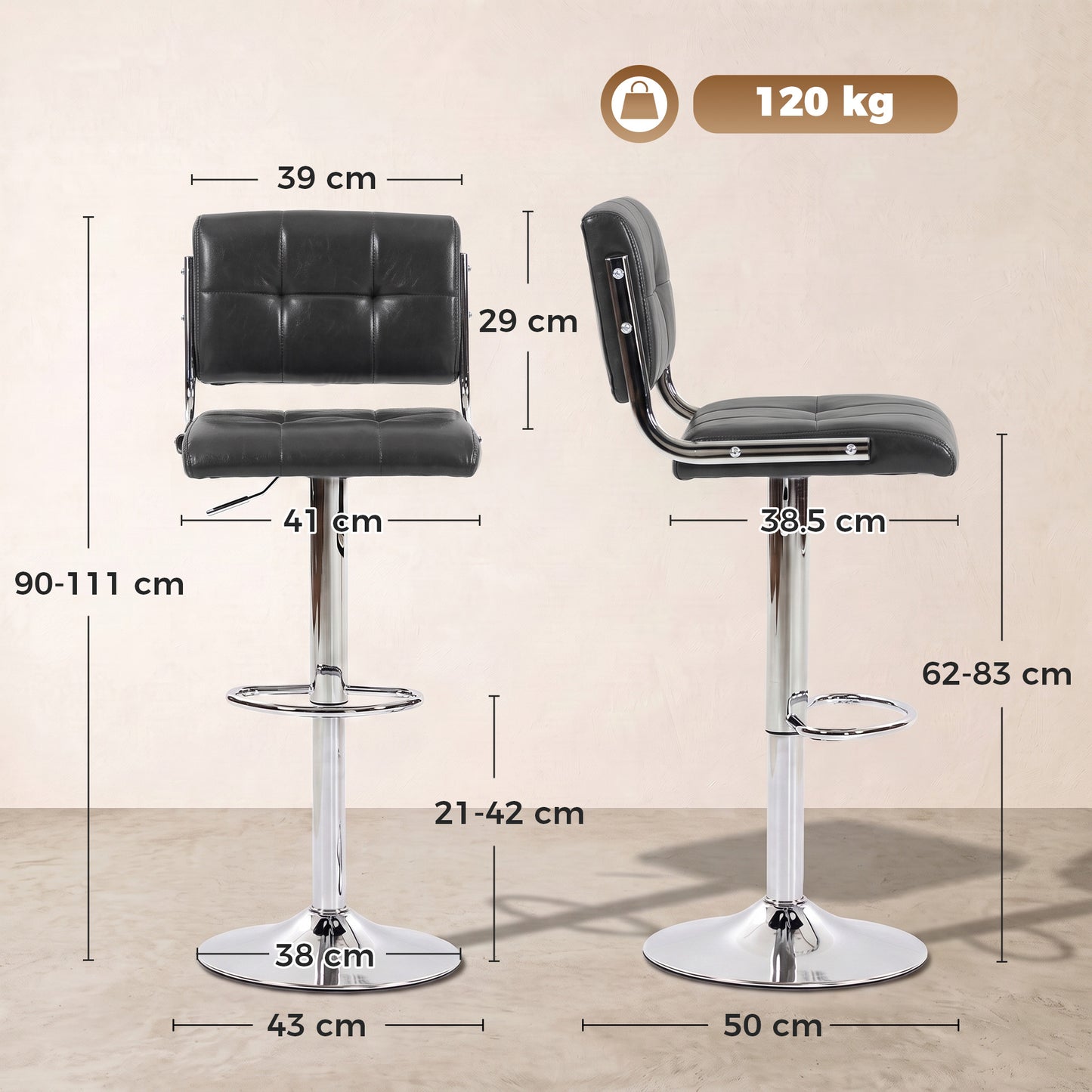 Bar Stools Modern PU Leather Adjustable Breakfast Bar Stools Backrest Set of 2 Grey