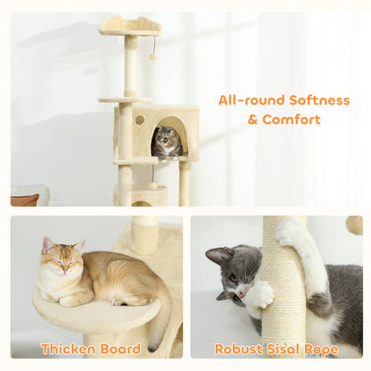180cm Large Cat Tree Tower with Sisal Scratching Posts, Condos, Plush Perches, Hammock, Ladder, Beige