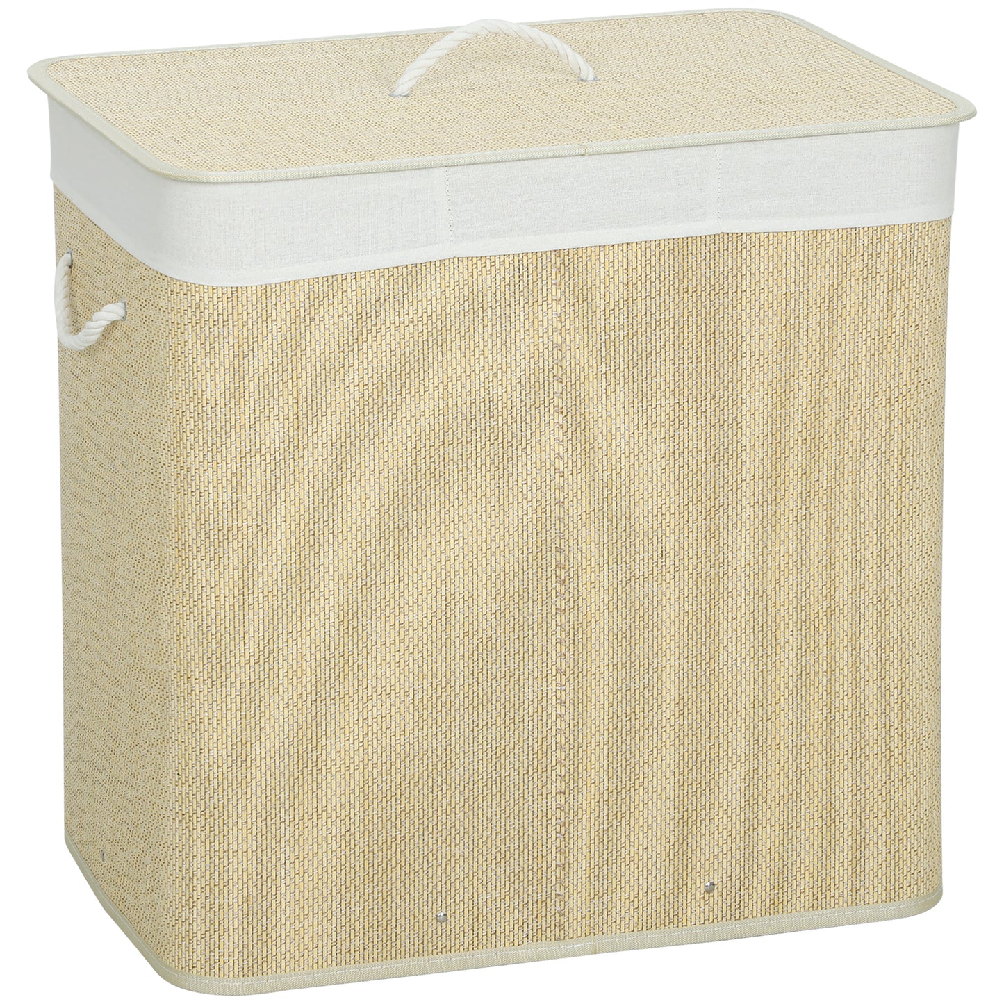 3 Section Laundry Basket with Lid, 144L Bamboo Laundry Hamper with Handles, Removable and Washable Liner, Cream White