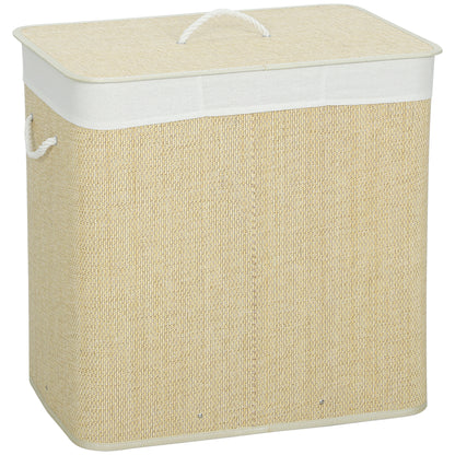 3 Section Laundry Basket with Lid, 144L Bamboo Laundry Hamper with Handles, Removable and Washable Liner, Cream White