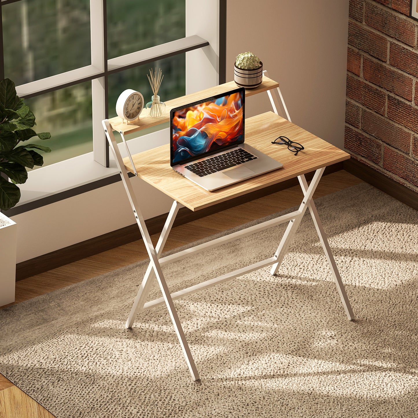 81.5 cm Folding Computer Desk with Monitor Shelf - Natural Wood Finish