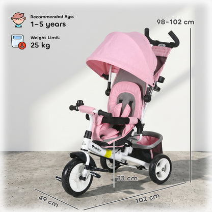 6 in 1 Kids Trike with Parent Handle, Canopy, 5-point Seat Belt, Storage, Footrest, Brake, for 1-5 Years, Pink