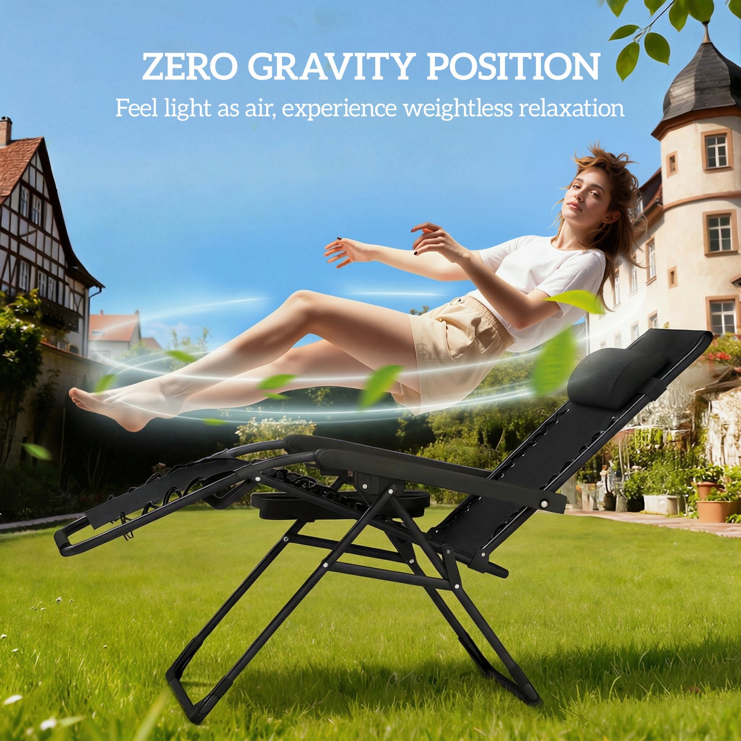 Zero Gravity Chairs Set of 2, Folding Sunloungers Reclining Garden Chairs with Cup Holder, Headrest, Black