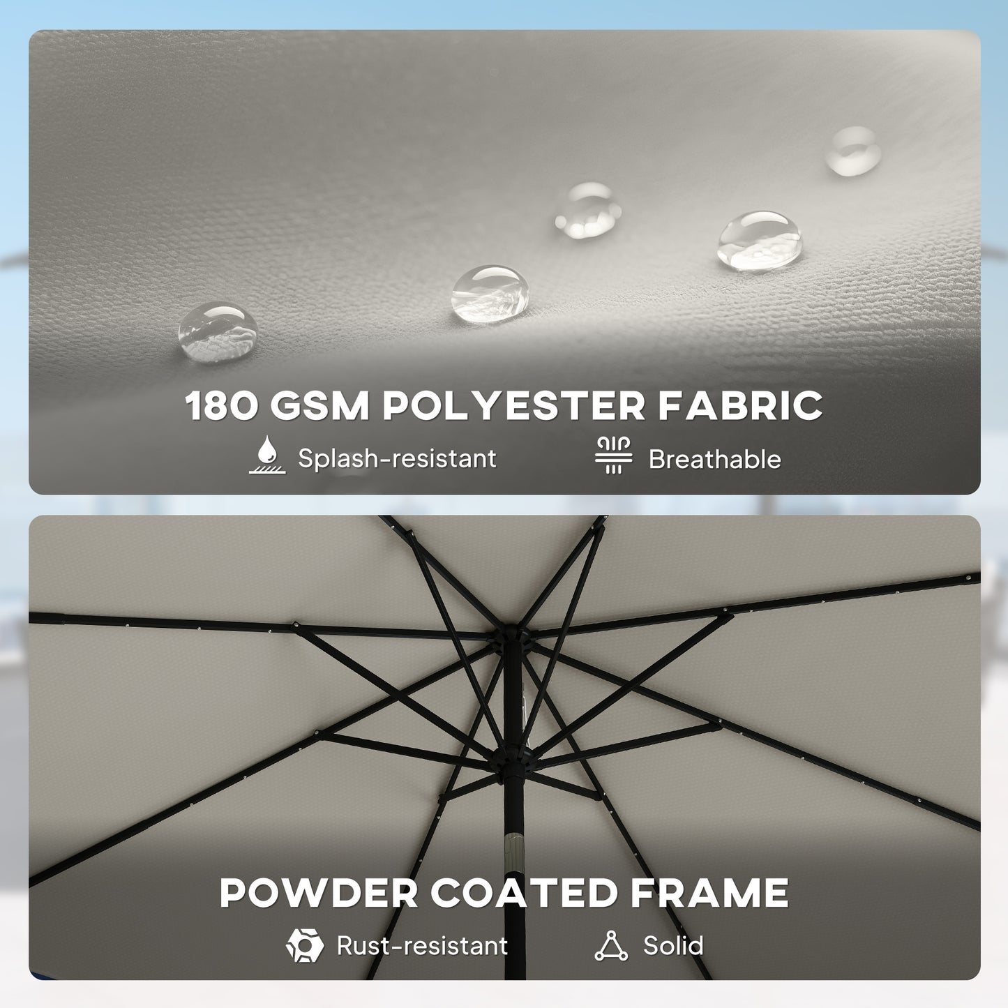 2.6 m Garden Parasol Umbrella with LED Solar Light, Parasol Cover, Outdoor Market Patio Umbrella, Light Grey