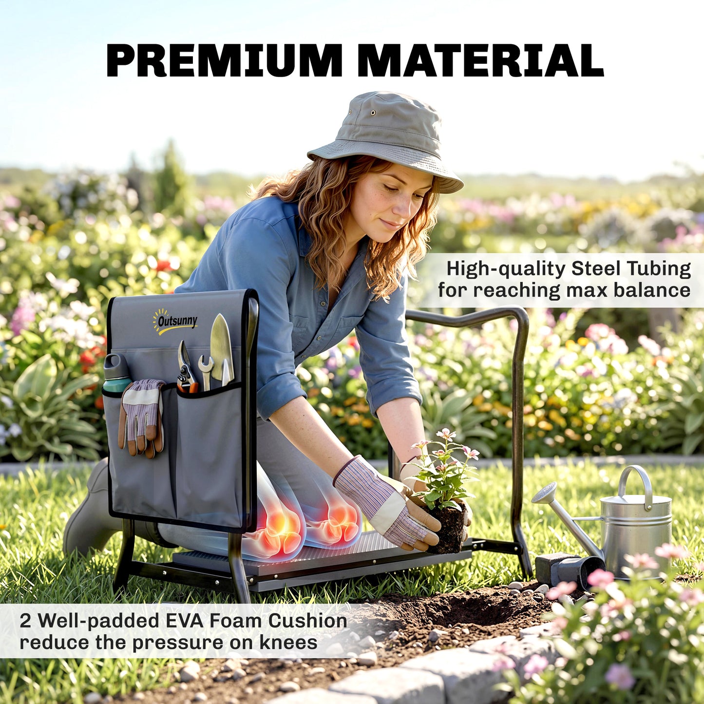 Steel Frame Padded Garden Kneeler, with Tool Bag - Grey