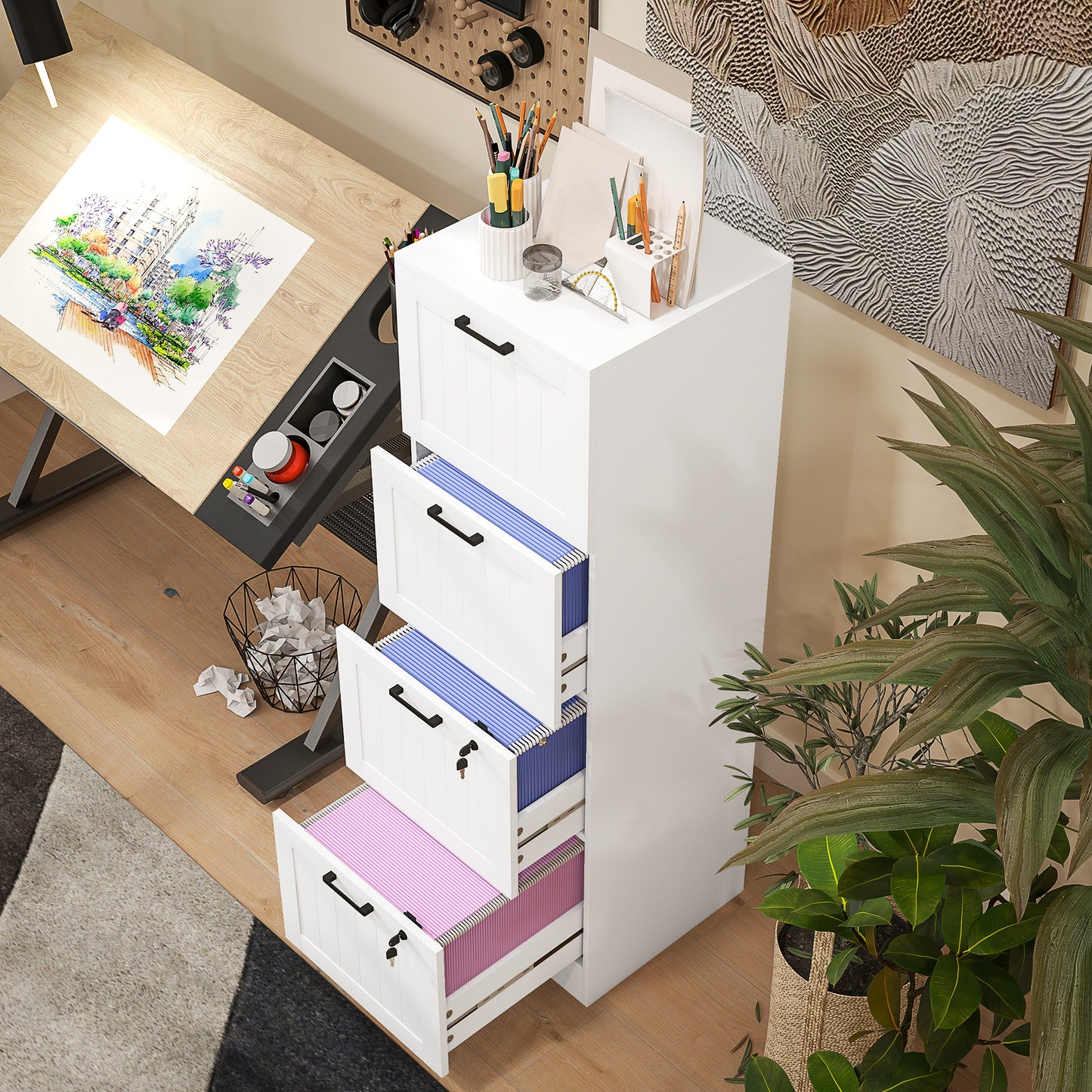 4 Drawer Filing Cabinet with Lock, Office Storage Cabinet with Adjustable Hanging Bars for A4 Letter Size Files, White