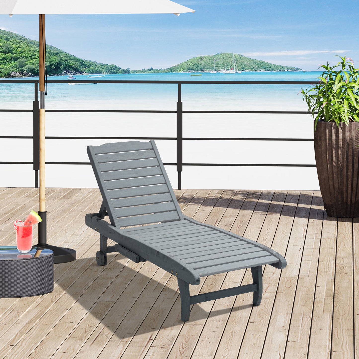 Garden Patio Sun Lounger, Outdoor Wooden Sun Bed with Built-In Table, Reclining Backrest and Rolling Wheels for Sunbathing