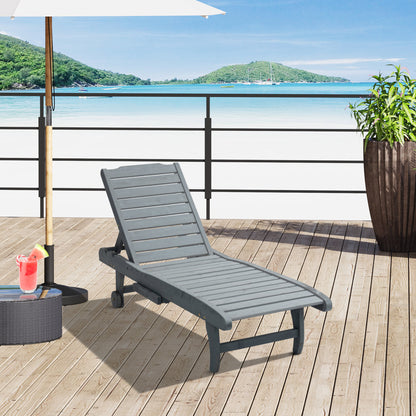 Garden Patio Sun Lounger, Outdoor Wooden Sun Bed with Built-In Table, Reclining Backrest and Rolling Wheels for Sunbathing