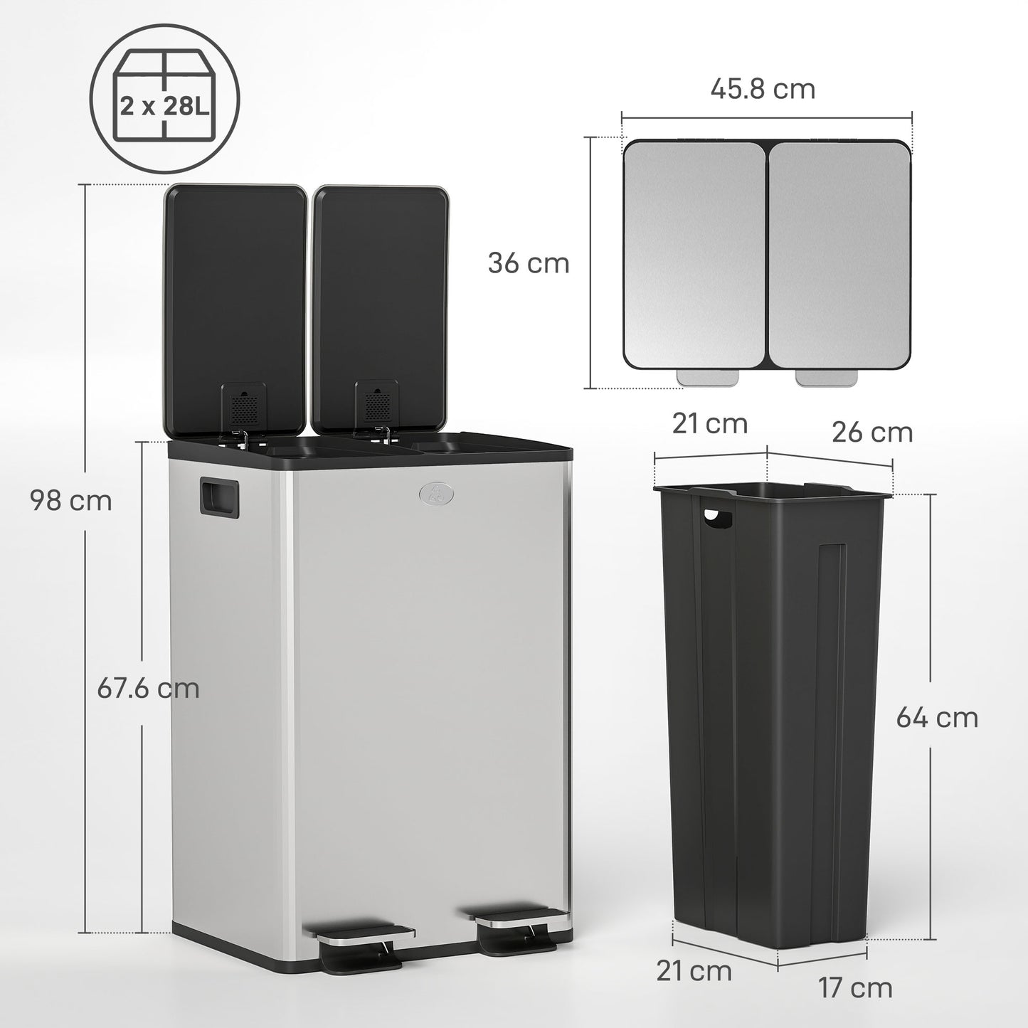 56L Dual Compartment Stainless Steel Bin, with Deodoriser Holders - Silver Tone