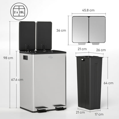 56L Dual Compartment Stainless Steel Bin, with Deodoriser Holders - Silver Tone