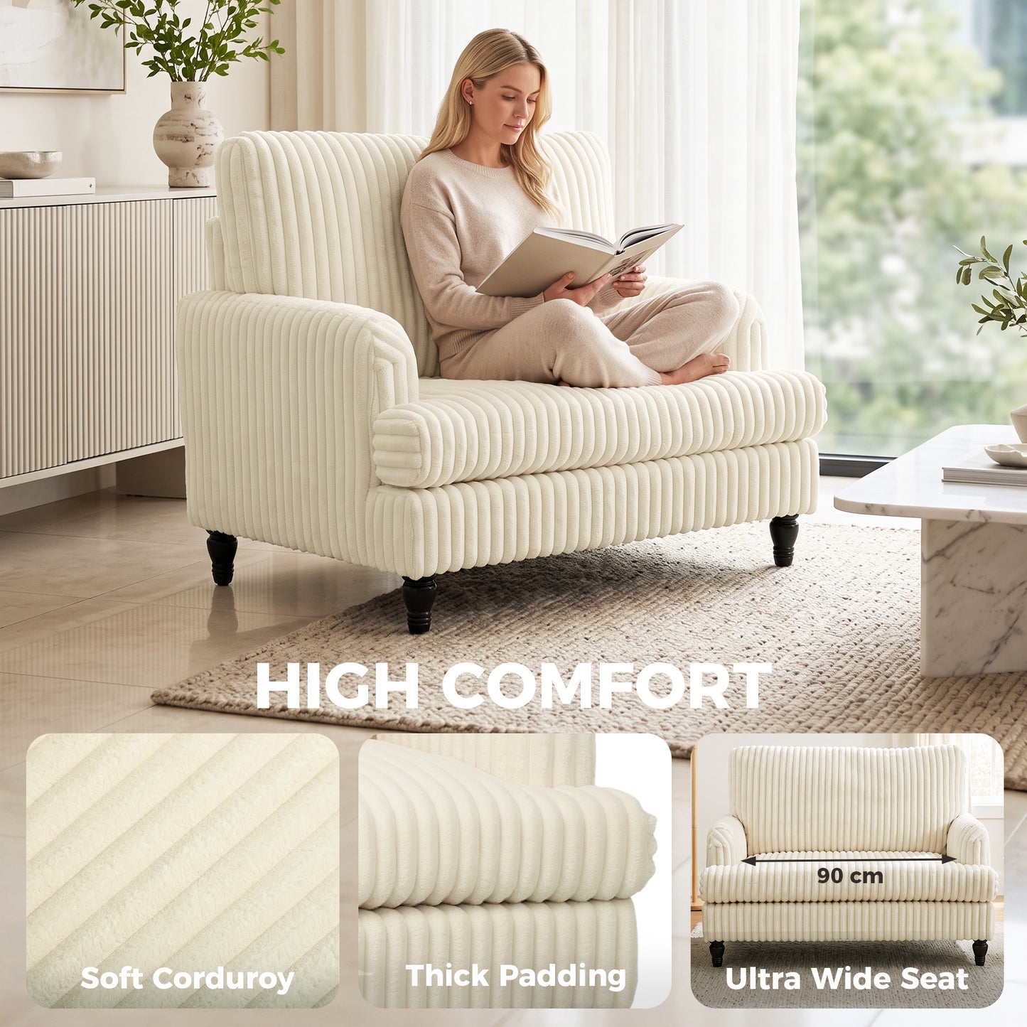 Corduroy Single Sofa Armchair, Modern Accent Chair with Stripes, Turned Legs and Wide Seat, Cream