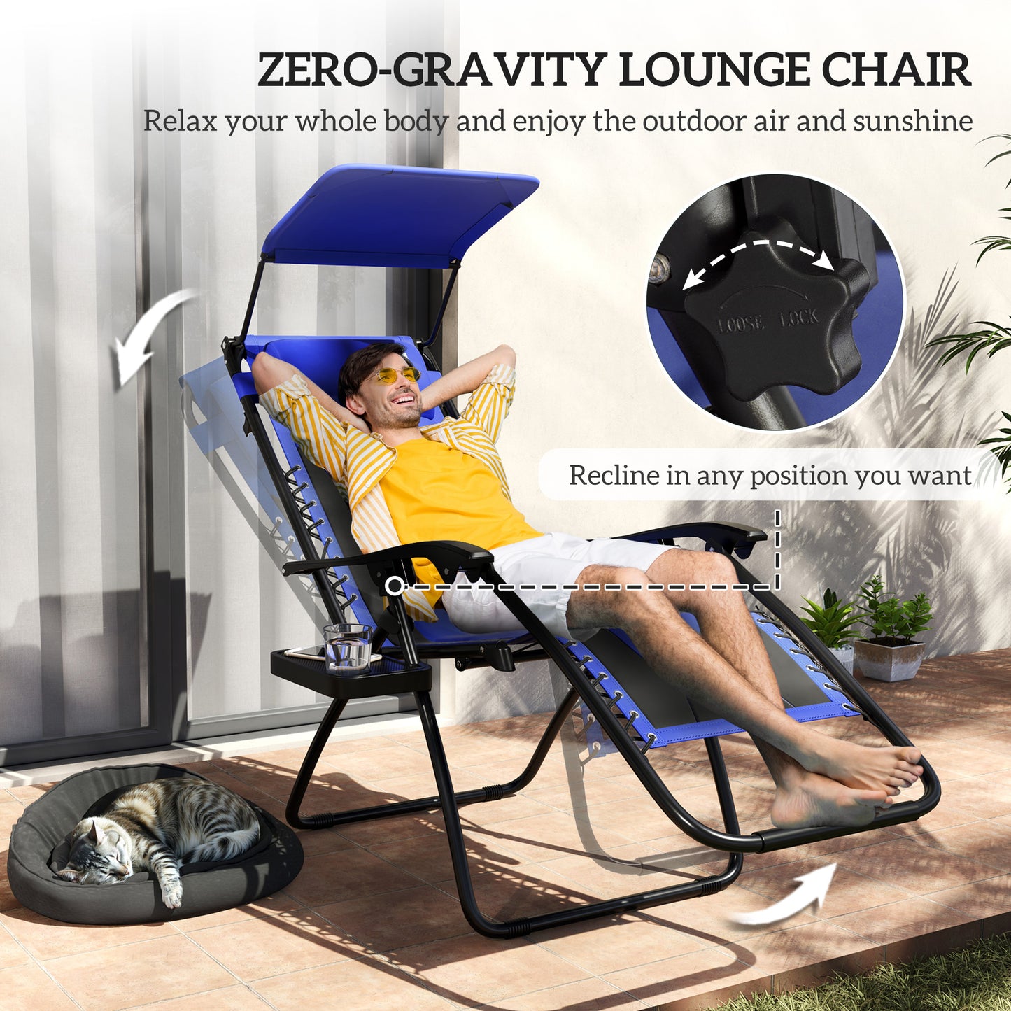 Zero Gravity Lounger Chair, Folding Reclining Patio Chair with Shade Cover, Padded Seat, Cup Holder