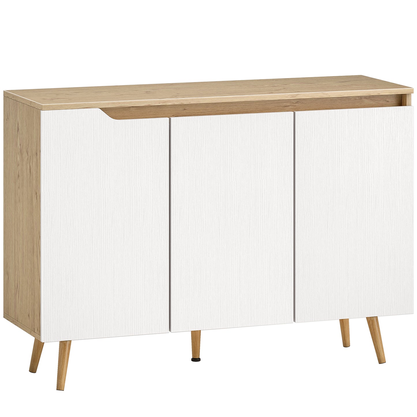 Sideboard Storage Cabinet, Kitchen Cupboard with 3 Doors, 2 Adjustable Shelves and 5 Rubberwood Legs, White and Oak