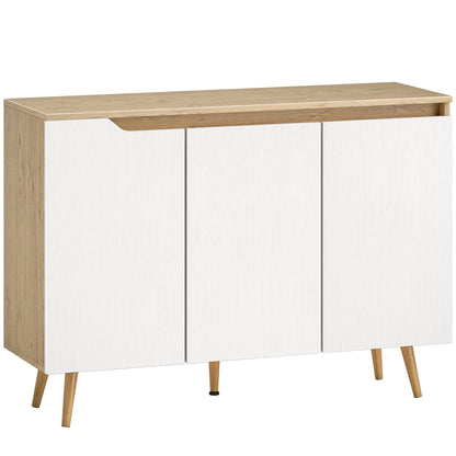 Sideboard Storage Cabinet, Kitchen Cupboard with 3 Doors, 2 Adjustable Shelves and 5 Rubberwood Legs, White and Oak
