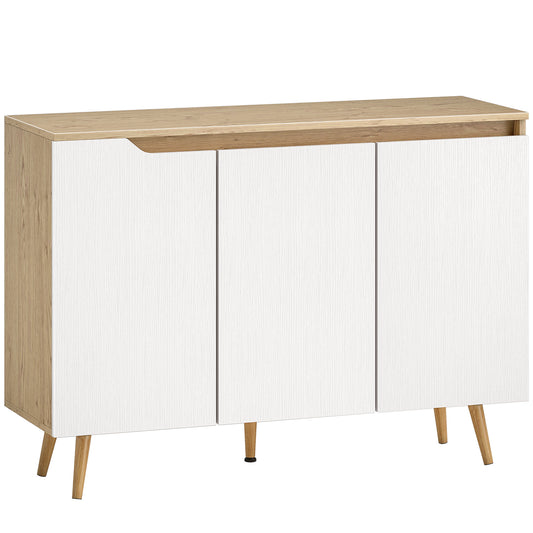 Sideboard Storage Cabinet, Kitchen Cupboard with 3 Doors, 2 Adjustable Shelves and 5 Rubberwood Legs, White and Oak