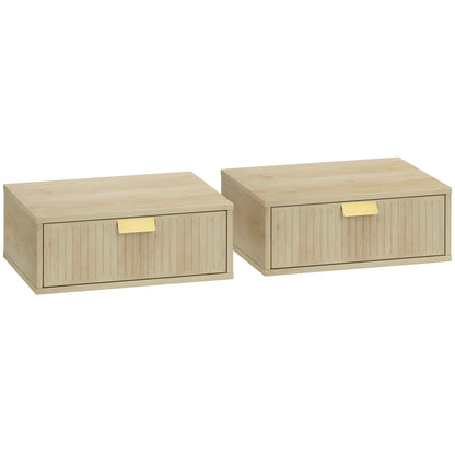 Modern Floating Nightstands Set of 2, Wall Mounted Bedside Tables with Wave Drawer Oak