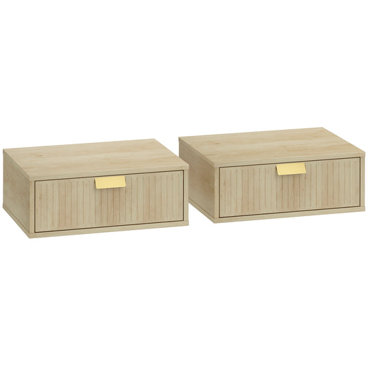 Modern Floating Nightstands Set of 2, Wall Mounted Bedside Tables with Wave Drawer Oak