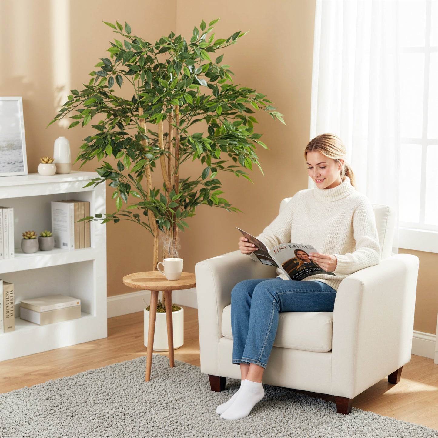 150cm Artificial Ficus Tree, Fake Potted Tree with Solid Wood Trunk and Pot for Indoor, Green