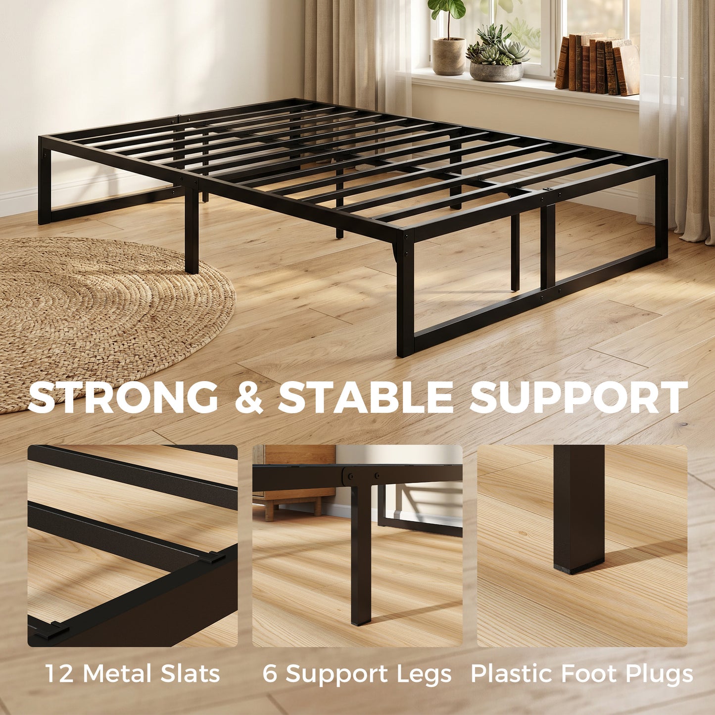 4ft Small Double Bed Frame with Underbed Storage and Steel Slat Support, 32.5 cm Height, Noise-Free, Black