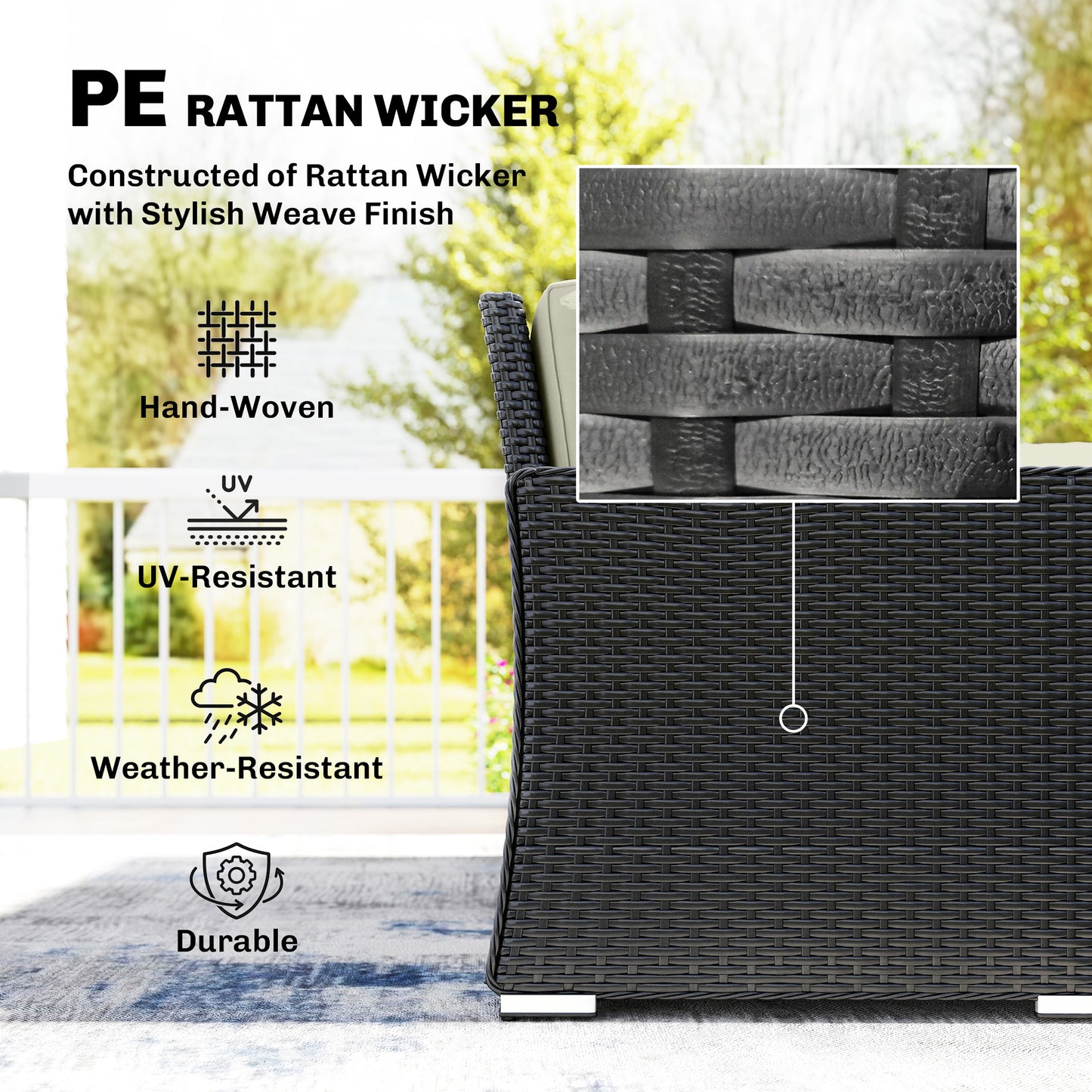7 Pieces PE Rattan Garden Furniture Set, 50,000 BTU Gas Fire Pit Table, Double Corner Sofa and 3 Footstools