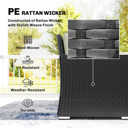 7 Pieces PE Rattan Garden Furniture Set, 50,000 BTU Gas Fire Pit Table, Double Corner Sofa and 3 Footstools