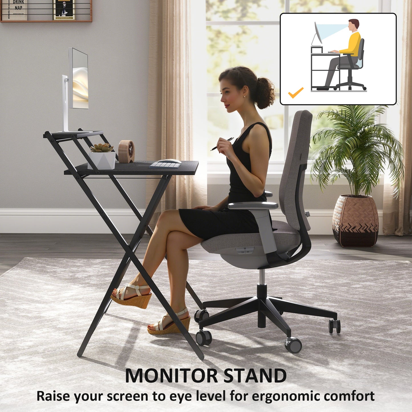 81.5 cm Folding Computer Desk with Monitor Shelf - Black