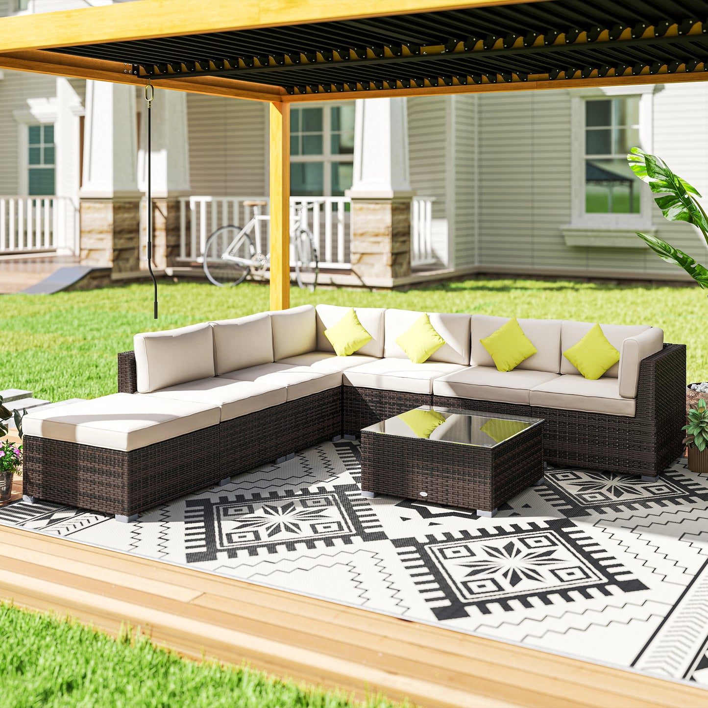 8 Piece Rattan Corner Sofa Set with Wide & Deep Seat, Assembled Aluminium PE Rattan Garden Furniture Set with Thick Cushions