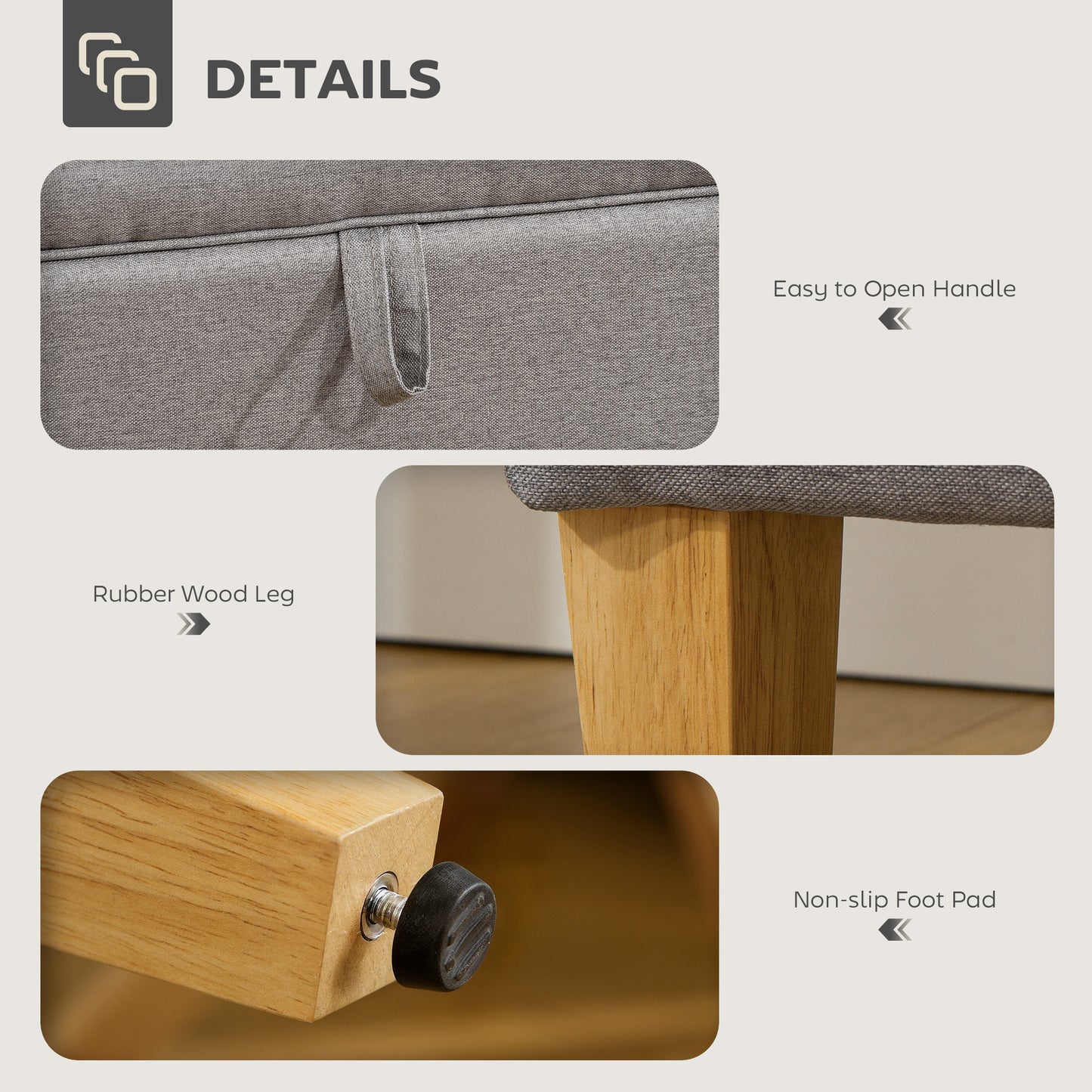 16L Linen Storage Ottoman Padded Footstool with Rubberwood Legs for Storage Box, Bed End, Shoe Bench, Seating, Light Grey