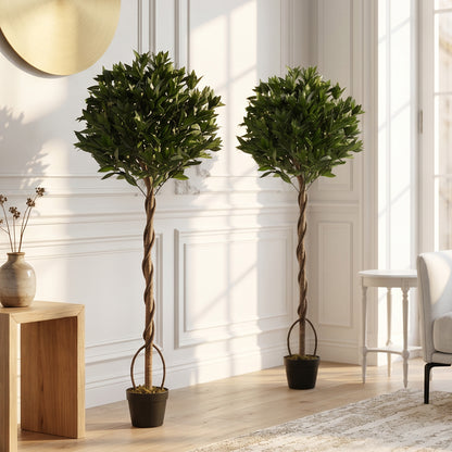Realistic Lush Topiary Ball Tree, Artificial Bay Laurel Topiary Trees with Weighted Pot, Set of 2, Green
