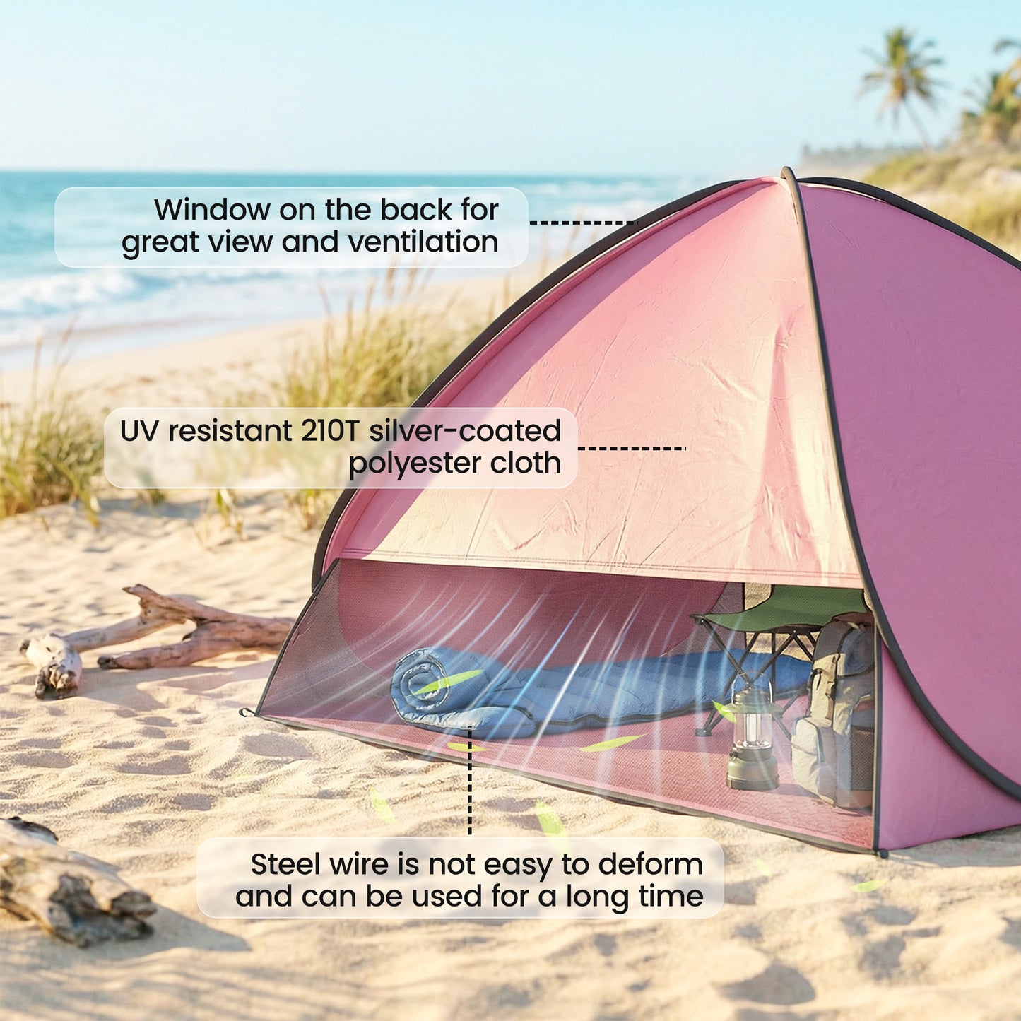 Pop up Beach Tent, UV 50+ Sun Shelter with Carry Bag, 2x1.5m for 2-3 Person, Pink
