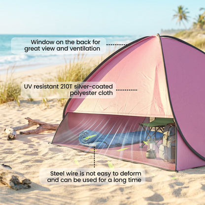 Pop up Beach Tent, UV 50+ Sun Shelter with Carry Bag, 2x1.5m for 2-3 Person, Pink