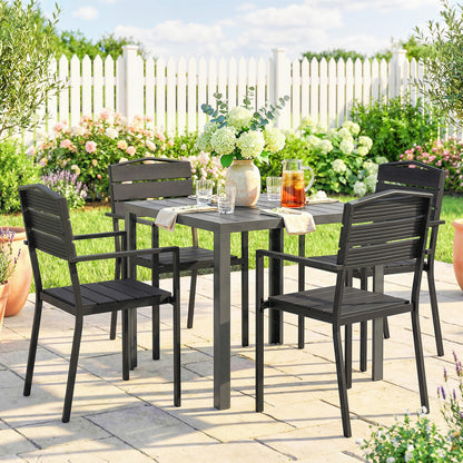 Stackable Garden Chairs Set of 4, Garden Dining Chairs with Slatted HDPE Seat Back, Armrests, Metal Frame, Black