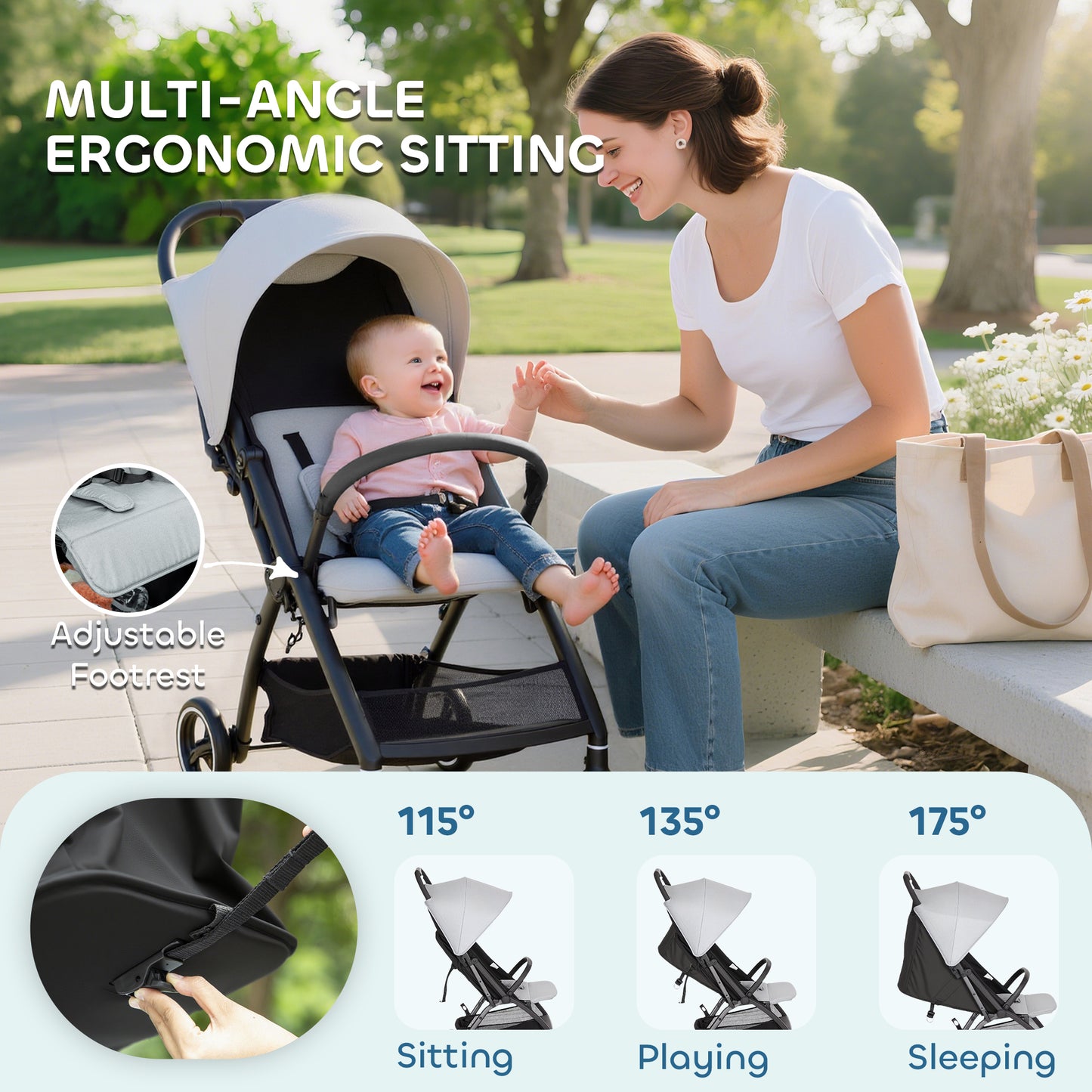 Travel Stroller, Lightweight Pushchair, Compact Buggy with Canopy, Basket and Multi-Position Recline, Light Grey