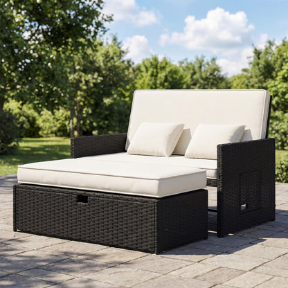 Rattan Garden Daybed, Double Sun Lounger with 5-Level Adjustable Back, Storage Ottoman, Cream White