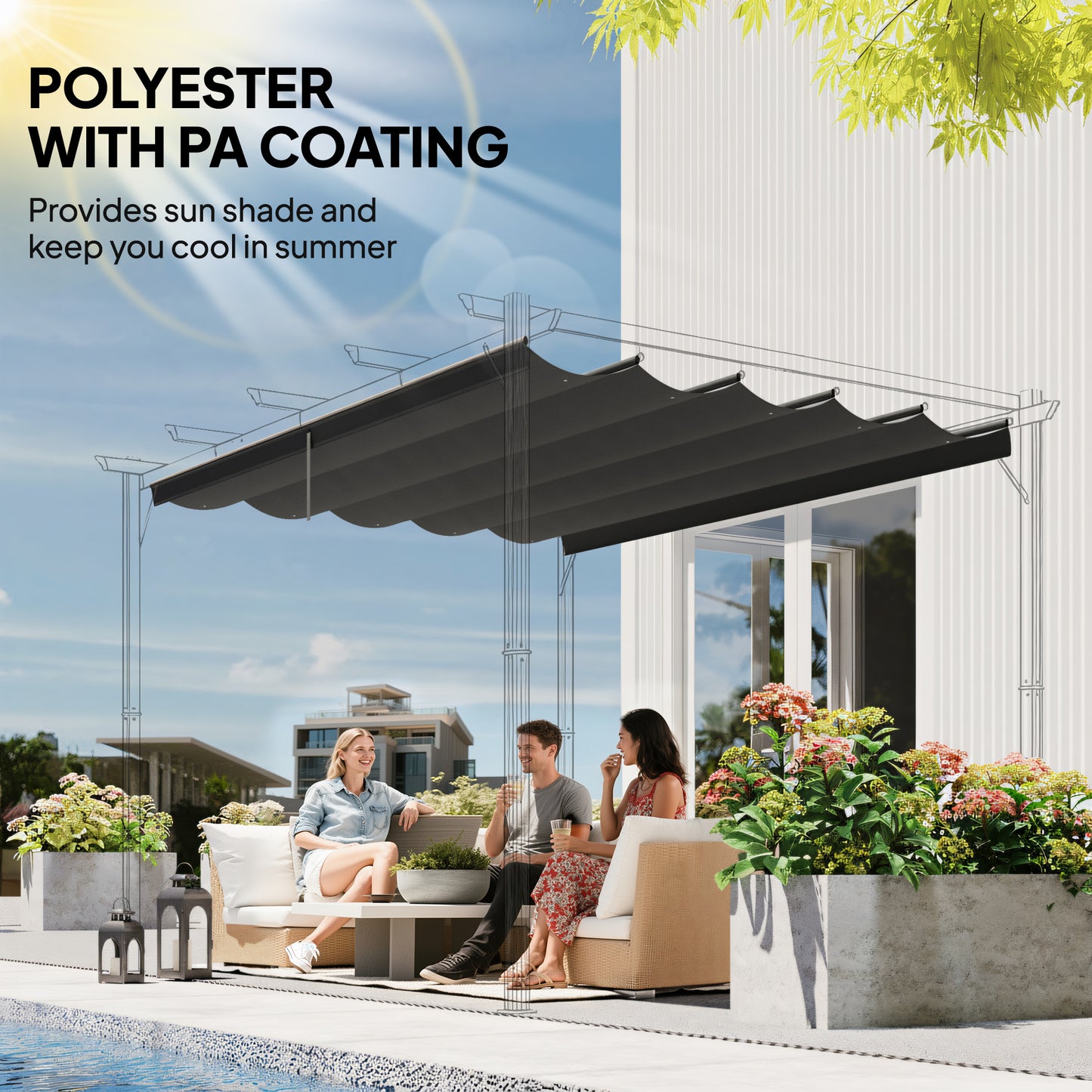 Retractable Pergola Cover, 2.55 x 2.5 m Replacement Canopy Fabric for 3 x 3 m Frame, Roof Top Only, Dark Grey