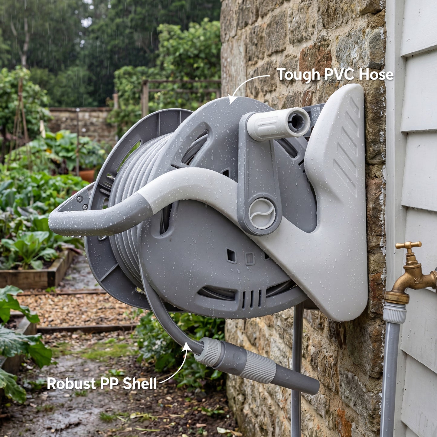 Portable Garden Hose Reel, 20+2 m Wall Mounted Hose Reel with 2 Patterns Spray Nozzle and Crank Handle, Grey