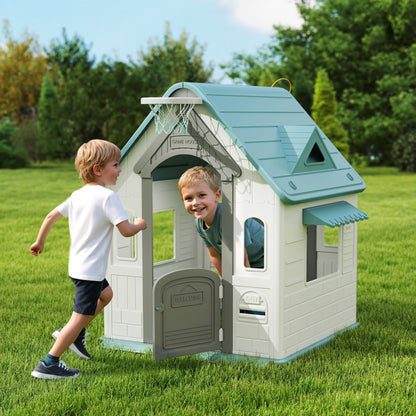 5-in-1 Playhouse for Kids Outdoor Indoor with Basketball Hoop, Football Goal, Dartboard, Ring Toss for 2-5 Years, Beige