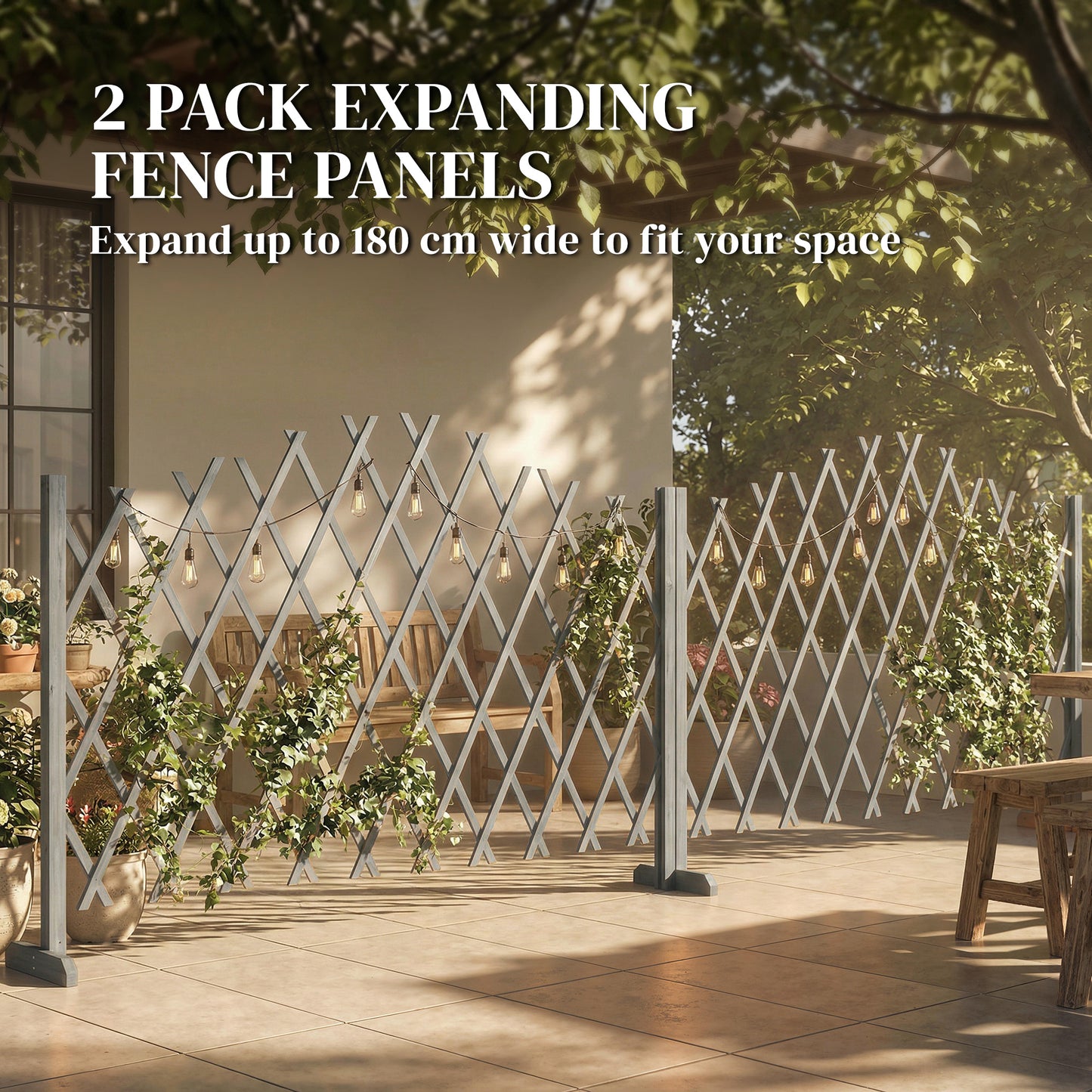 2 Pack Expanding Fence Panels, Wooden Freestanding Garden Fence with Stable Feet, 180 x 30 x 103cm, Dark Grey