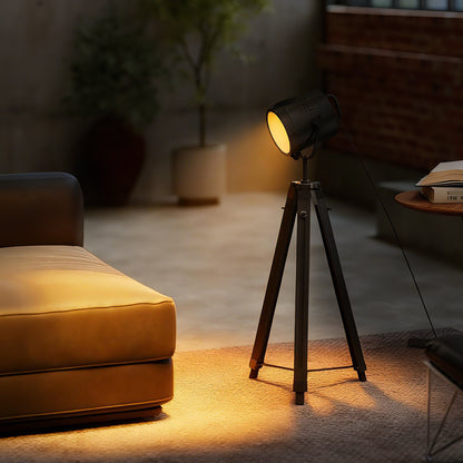 Industrial Tripod Floor Lamp, Nautical Searchlight with Adjustable Height, Wood Legs, E14 Lamp Base for Living Room, Bedroom