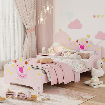 Kids Toddler Bed Princess Crown Theme Safety Side Rails Slats Home Bedroom Furniture Boys Girls 3-6 Years Pink 143 x 73 x 60