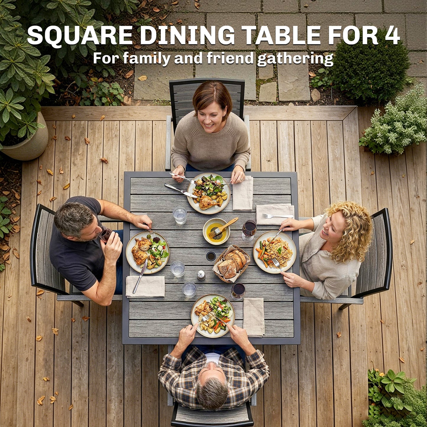 Square Garden Dining Table with Parasol Hole, Slatted Top, Metal Frame, 86 x 86 x 71 cm, Light Grey