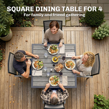 Square Garden Dining Table with Parasol Hole, Slatted Top, Metal Frame, 86 x 86 x 71 cm, Light Grey