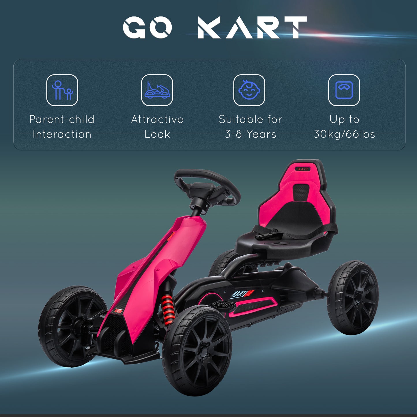 Kids Pedal Go Kart, with Adjustable Seat, EVA Wheels, Seat, Handbrake - Pink