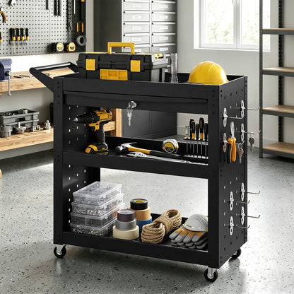 Tool Cart with Lockable Wheels, Rolling Workshop Cart with 3-Tier Trays, Drawer, Pegboards, Black